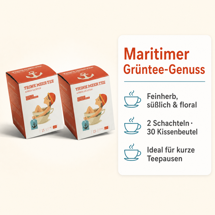 2 Gebinde Trink Meer Tee ANKER LICHTEN Grüner Tee, 30 Kissenbeutel, Chinesischer Grüntee mit floralen Noten, fein herb süßlich