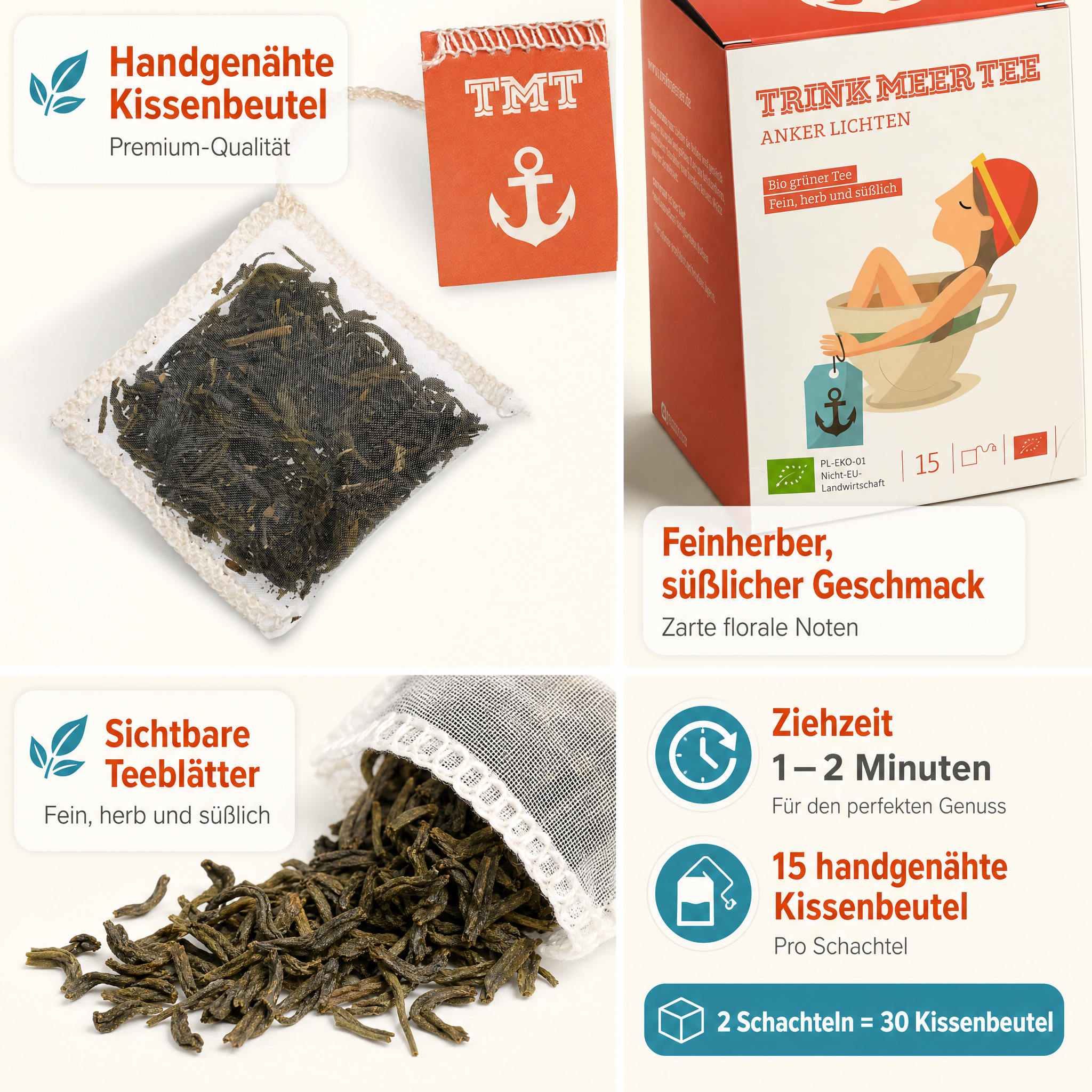 2 Gebinde Trink Meer Tee ANKER LICHTEN Grüner Tee, 30 Kissenbeutel, Chinesischer Grüntee mit floralen Noten, fein herb süßlich