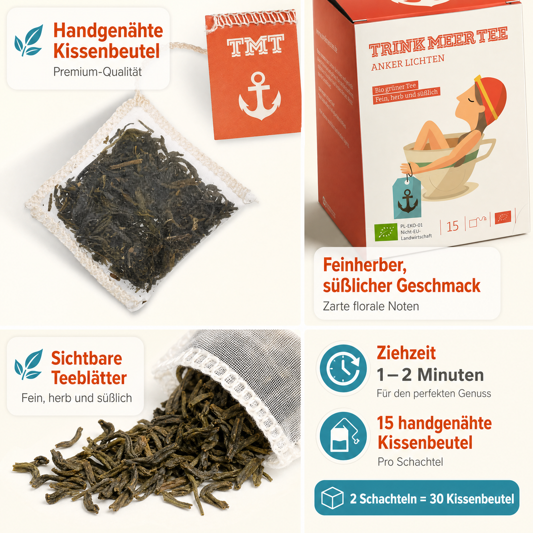 2 Gebinde Trink Meer Tee ANKER LICHTEN Grüner Tee, 30 Kissenbeutel, Chinesischer Grüntee mit floralen Noten, fein herb süßlich