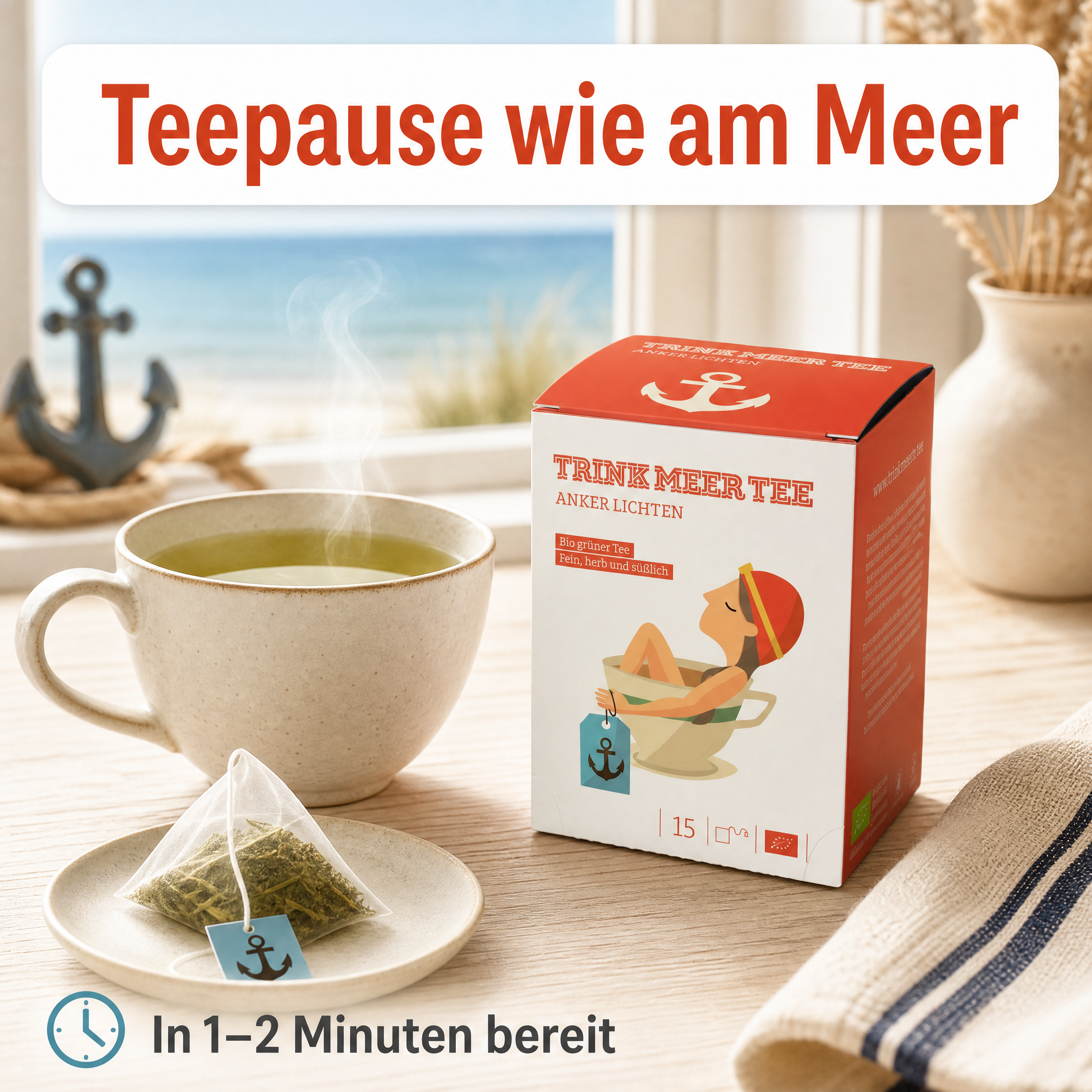2 Gebinde Trink Meer Tee ANKER LICHTEN Grüner Tee, 30 Kissenbeutel, Chinesischer Grüntee mit floralen Noten, fein herb süßlich
