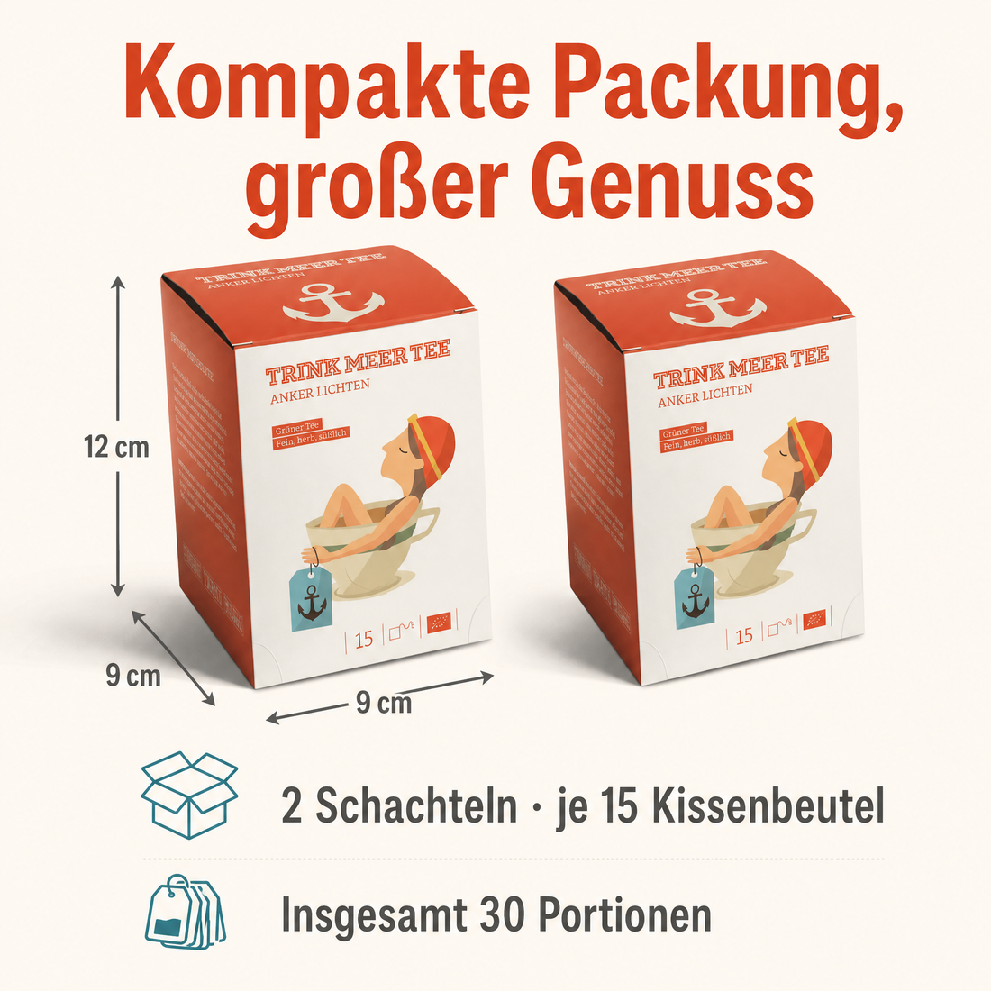 2 Gebinde Trink Meer Tee ANKER LICHTEN Grüner Tee, 30 Kissenbeutel, Chinesischer Grüntee mit floralen Noten, fein herb süßlich