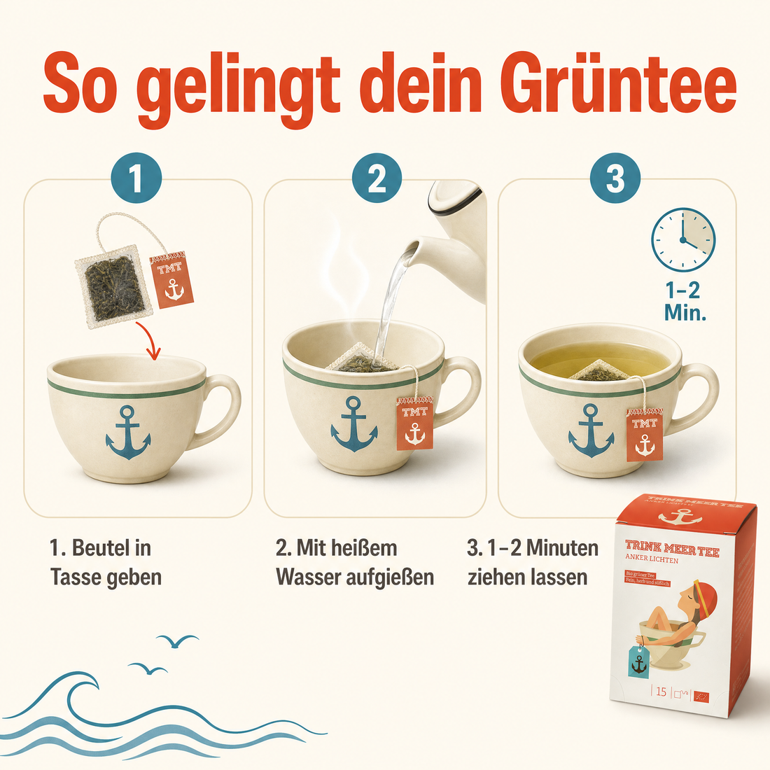 2 Gebinde Trink Meer Tee ANKER LICHTEN Grüner Tee, 30 Kissenbeutel, Chinesischer Grüntee mit floralen Noten, fein herb süßlich