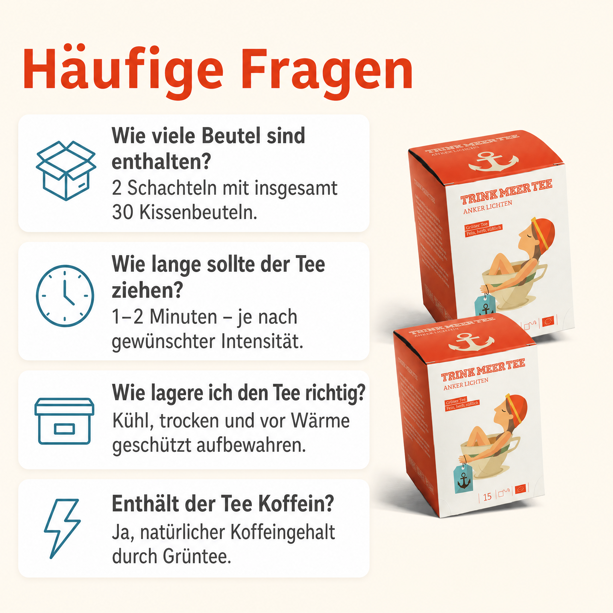 2 Gebinde Trink Meer Tee ANKER LICHTEN Grüner Tee, 30 Kissenbeutel, Chinesischer Grüntee mit floralen Noten, fein herb süßlich