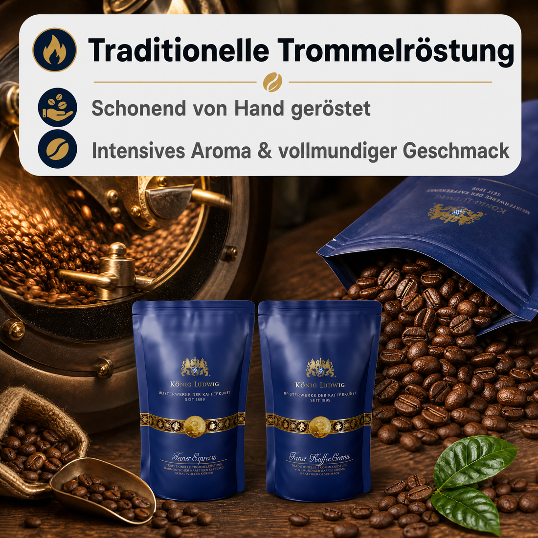 König Ludwig Ganze Kaffeebohnen, Kaffee mit außergewöhnlichem Genuss, Traditionelle Trommelröstung, 500g