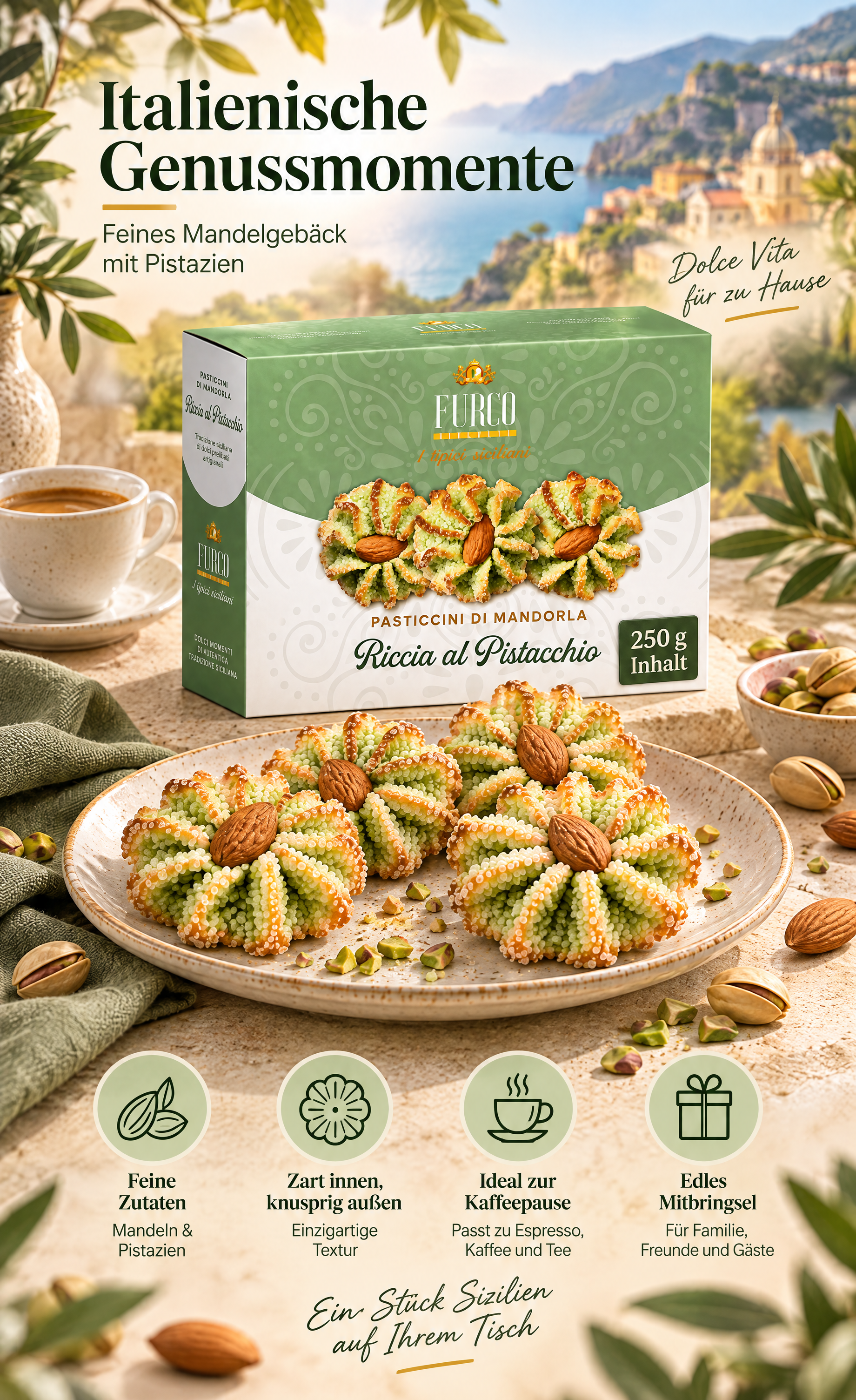 FURCO Mandelgebäck mit Pistazien, Riccia al Pistacchio, sizilianisches Gebäck, 250 g