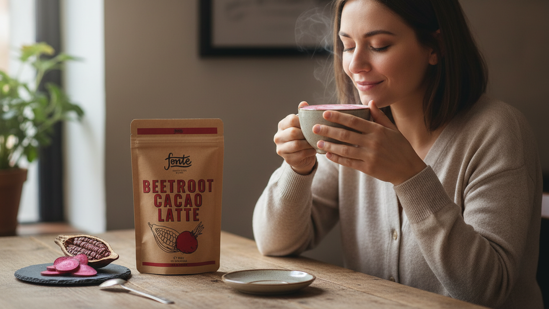 Fonte Handcrafted Blends Beetroot Cacao Latte, Veganes Getränkepulver mit Roter Bete und Kakao, 300g, 30 Portionen