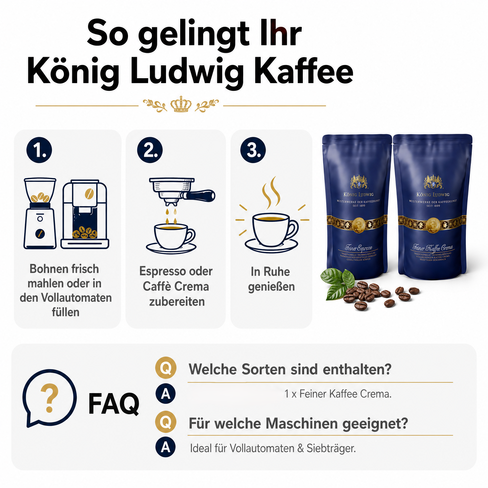 König Ludwig Ganze Kaffeebohnen, Kaffee mit außergewöhnlichem Genuss, Traditionelle Trommelröstung, 500g