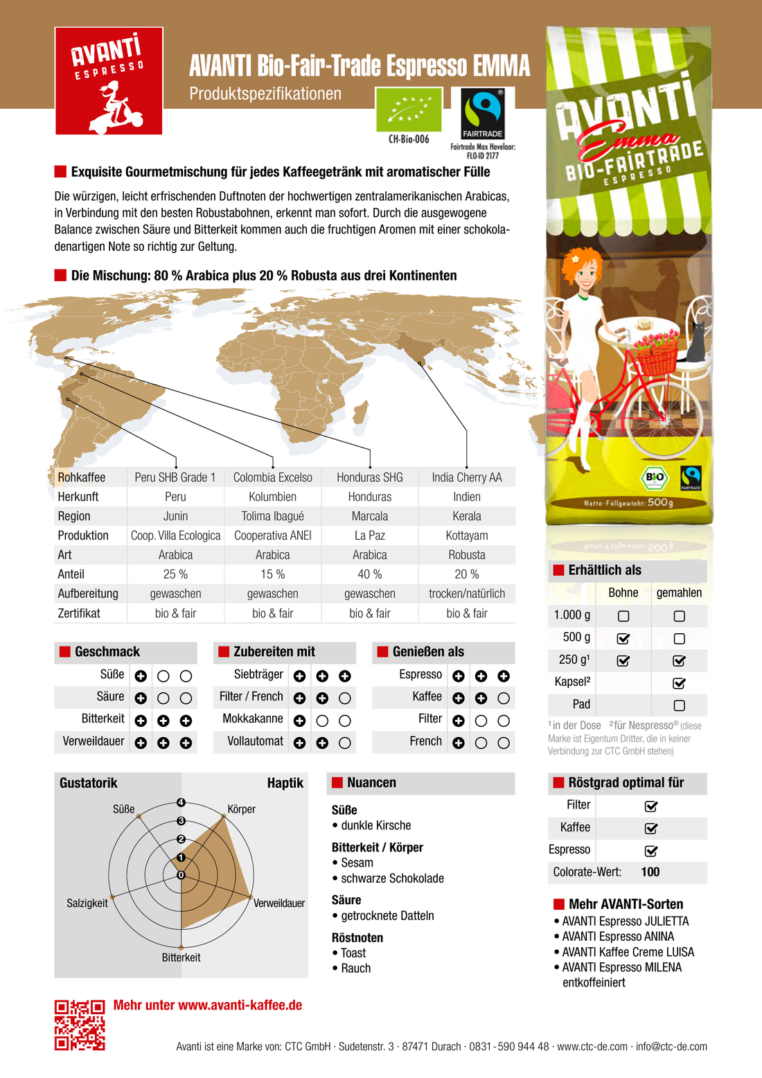 AVANTI Emma Kaffeebohnen, Bio Fairtrade Espresso, ganze Bohnen 500 g, 80% Arabica 20% Robusta, säurearme Langzeit-Trommelröstung (mitteldunkel), Schweizer Röstung und Abfüllung