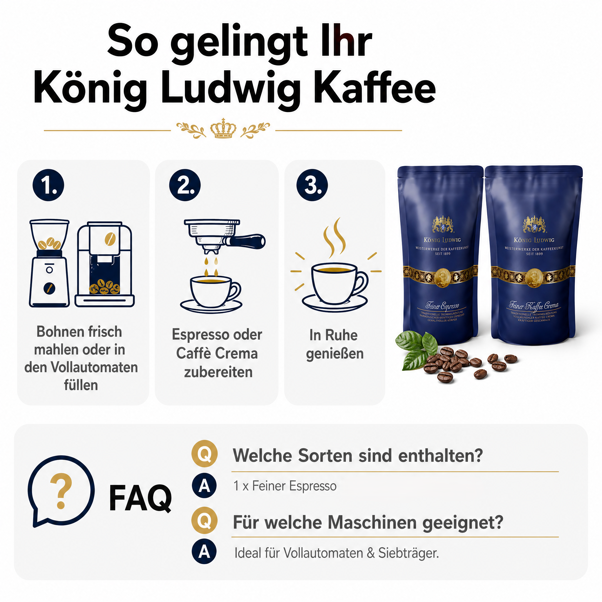 König Ludwig Ganze Kaffeebohnen, außergewöhnlicher Genuss, Traditionelle Trommelröstung, 500g