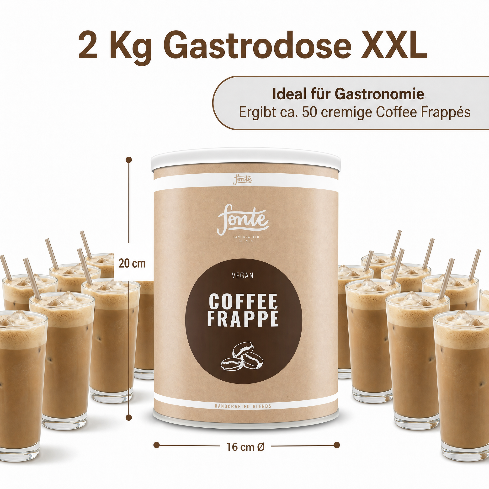 Fonte Veganer Coffee Frappé Mix, handgefertigte Mischung mit medium geröstetem Kaffee aus Brasilien, ohne hydrierte Fette, cremiger Eiskaffee für Mixer, 2 kg Gastro-Vorratspackung 22 x 16cm