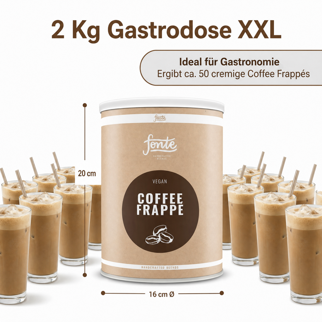 Fonte Veganer Coffee Frappé Mix, handgefertigte Mischung mit medium geröstetem Kaffee aus Brasilien, ohne hydrierte Fette, cremiger Eiskaffee für Mixer, 2 kg Gastro-Vorratspackung 22 x 16cm
