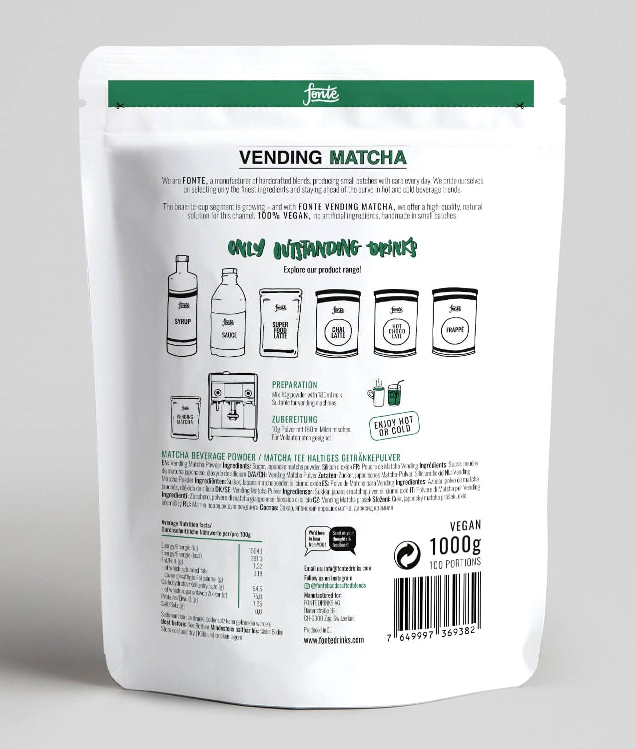 Fonte Vending Matcha, 100% Vegan, Japanischer Matcha-Teepulver für Getränkeautomaten, 1000g, 100 Portionen, Handgefertigte Mischung für Heiße und Kalte Getränke