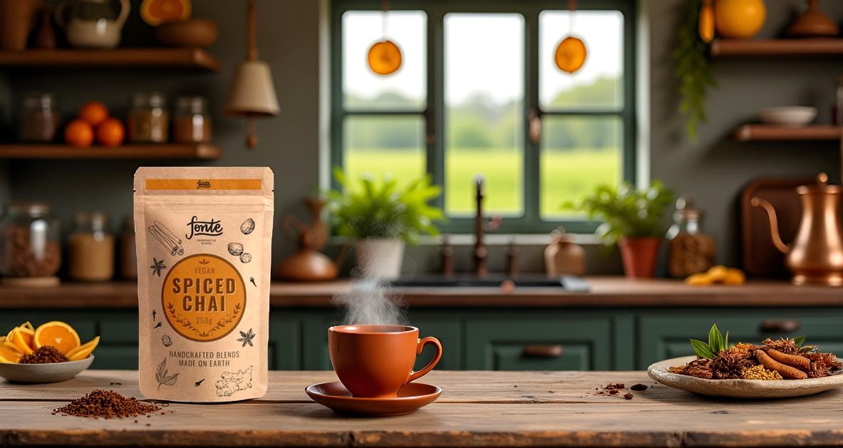 Fonte Handcrafted Vegan Spiced Chai Tee Mischung, 250g Pulver, Traditionelle Gewürzmischung mit Schwarztee, Ingwer und Zimt, 12 Portionen