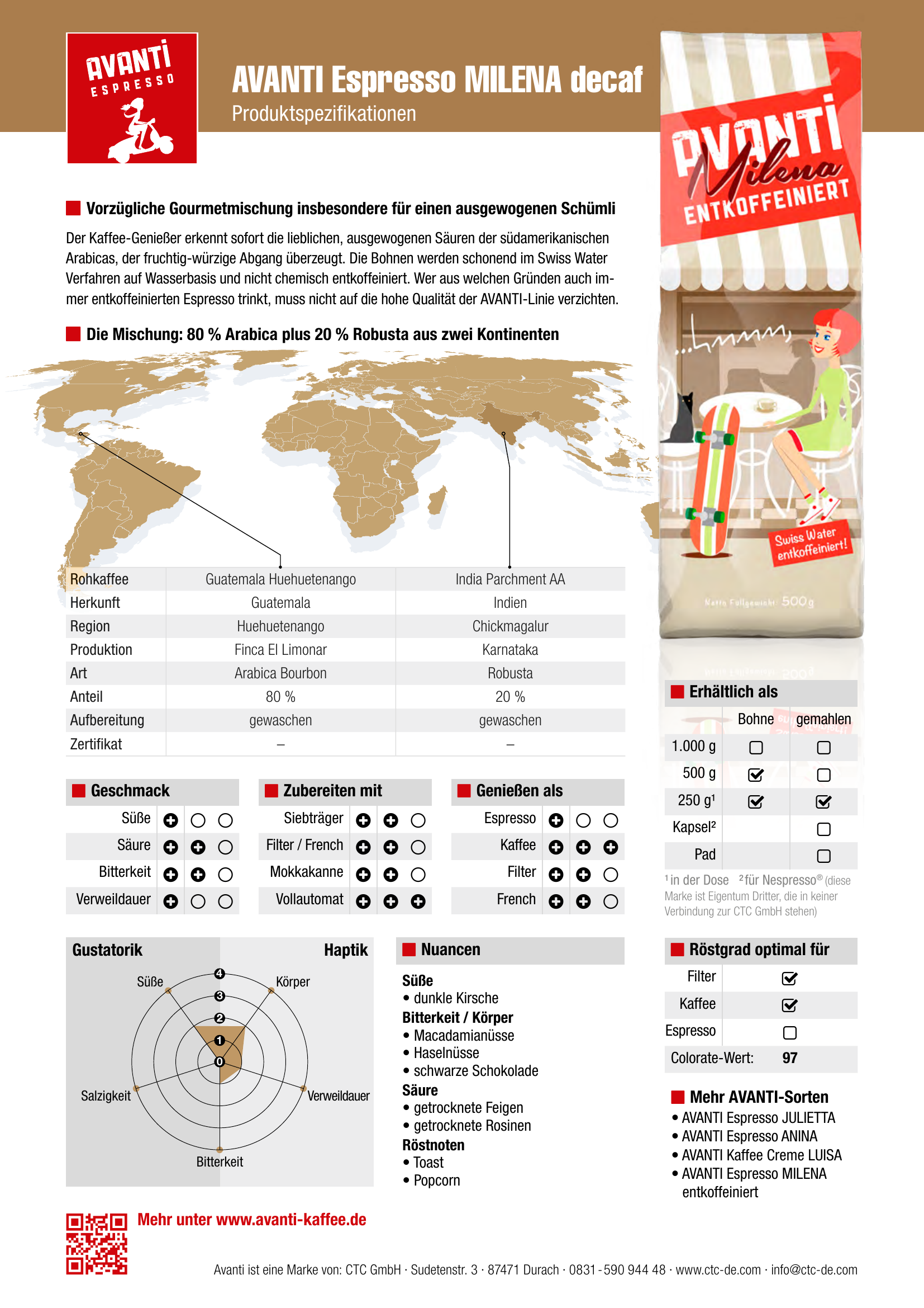 2 x Avanti Kaffeebohnen Entkoffeiniert Milena Espresso, Swiss Water entkoffeiniert, 80% Arabica/20% Robusta, Medium Röstung, säurearm, ganze Bohne, 500 g, Langzeit-Trommelröstung