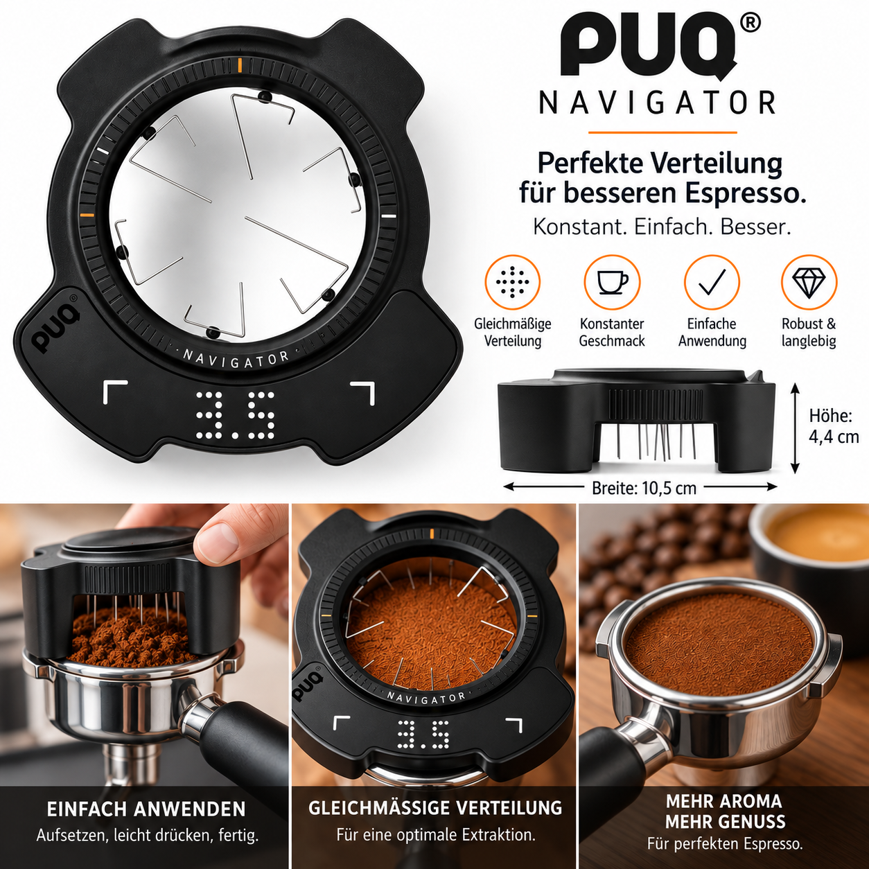 PUQ Navigator Elektronisches WDT-Tool für Espresso, 58mm Siebträger, digitale LED-Anzeige, Schwarz