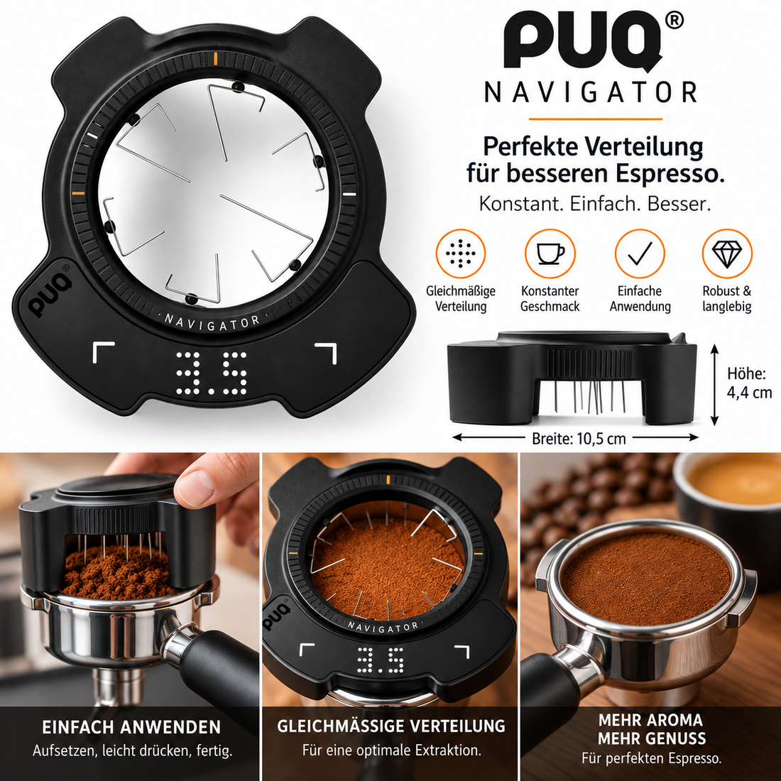 PUQ Navigator Elektronisches WDT-Tool für Espresso, 58mm Siebträger, digitale LED-Anzeige, Schwarz