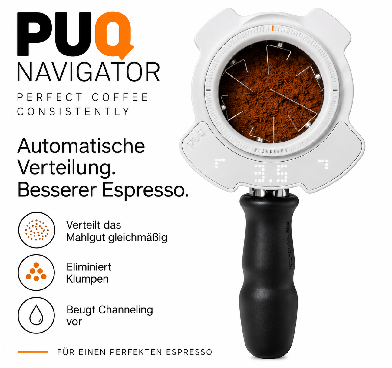PUQ Navigator Elektronisches WDT-Tool für Espresso, 58mm Siebträger, digitale LED-Anzeige, Weiß