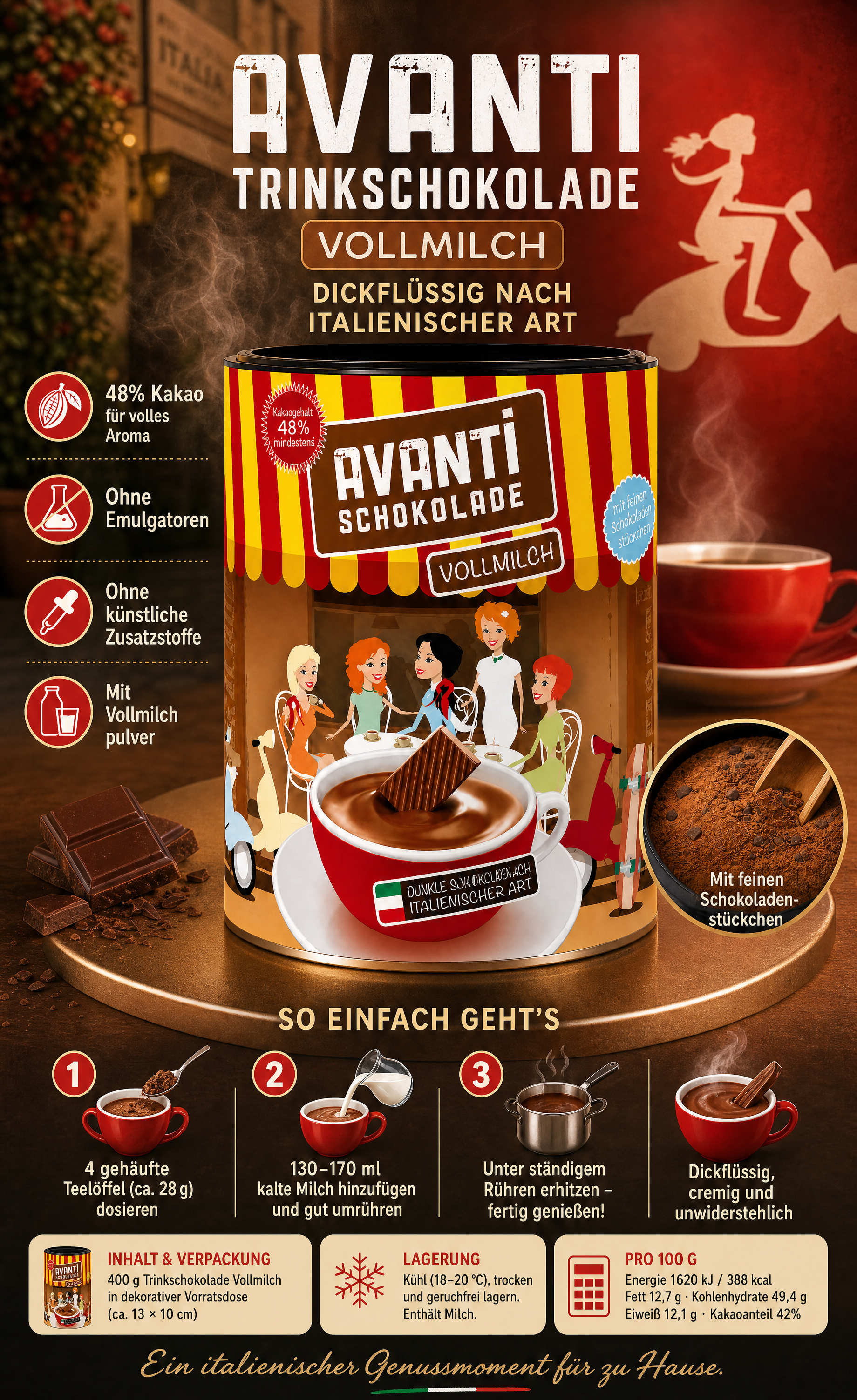 AVANTI Trinkschokolade Vollmilch 400g, dickflüssig nach italienischer Art, Cremige heiße Schokolade mit mindestens 48% Kakao – ohne Emulgatoren, einfach in 3 Schritten zubereitet
