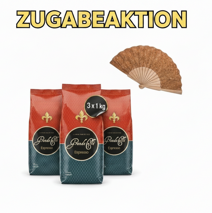 Grande Caffè Kaffeebohnen Espresso, ganze Bohnen 80% Arabica 20% Robusta, würzig-nussiges Aroma, traditionelle Trommelröstung, 3 x 1 kg + Handfächer (Zugabe-Aktion)
