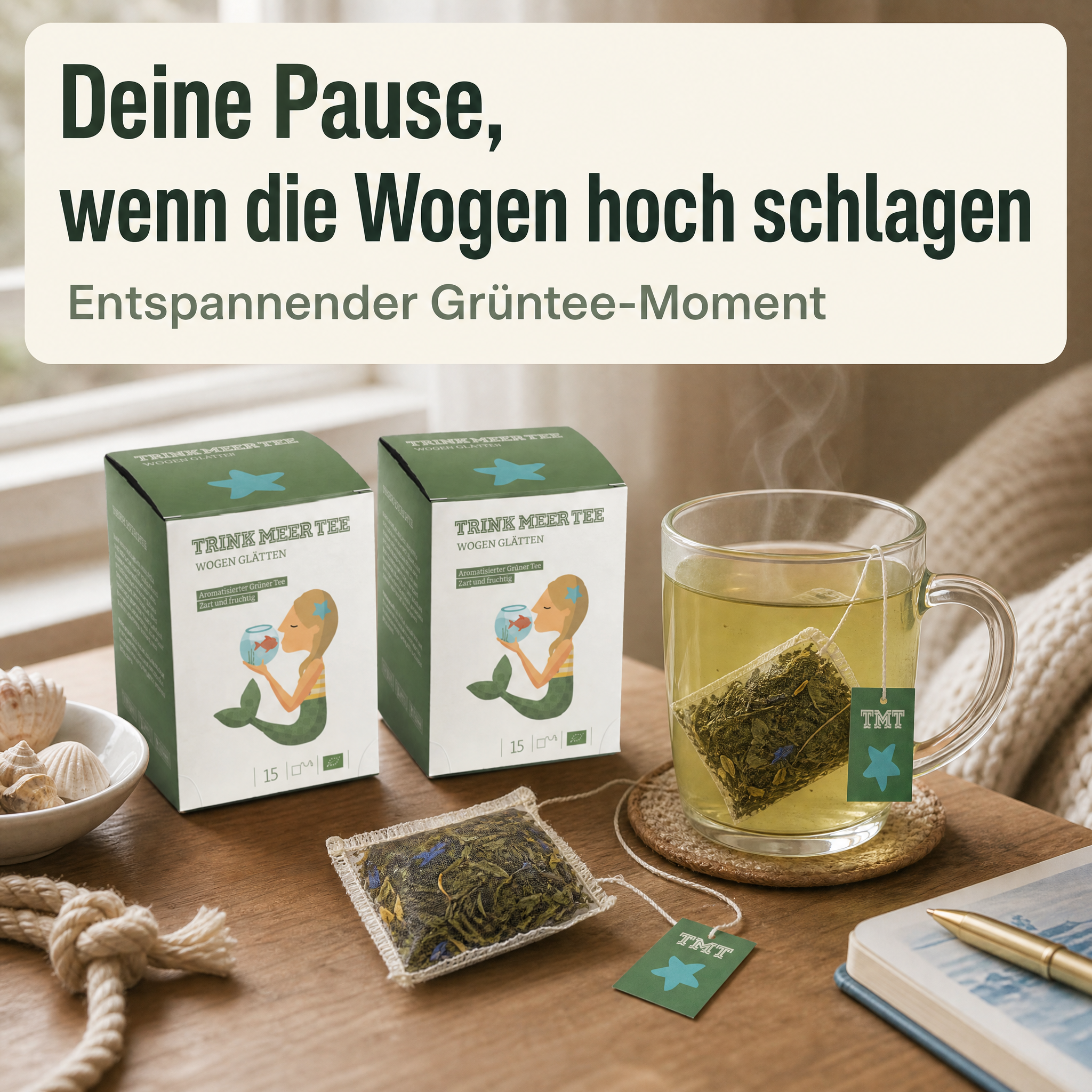 Trink Meer Tee - Wogen glätten - Bio Grüner Tee - Beutel 15 x 3g Grüner Sencha, Mango Pfirsich