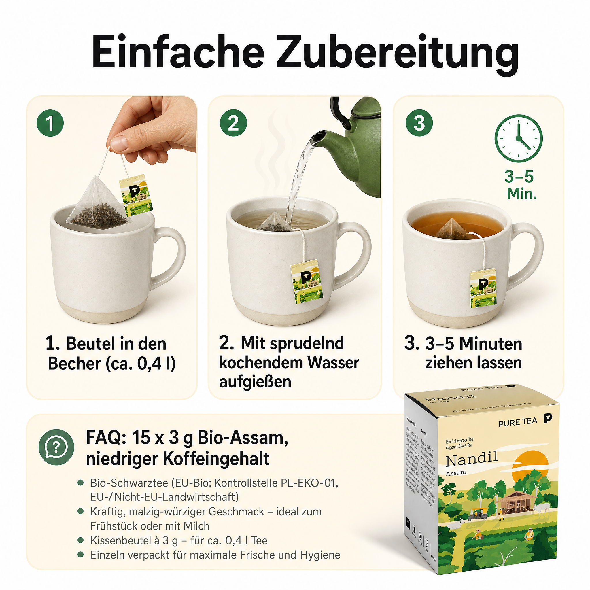 Pure Tea Nandil Bio Schwarzer Tee Assam, 15 Kissenbeutel à 3 g, Kräftiger, malzig-würziger Assam-Schwarztee in einzeln verpackten Kissen-Teebeuteln