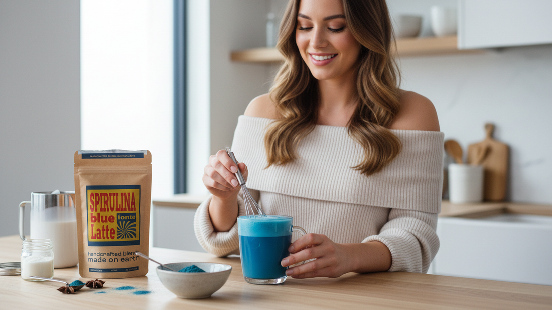 FONTE Spirulina Blue Latte, veganes Superfood Getränkepulver, 225g, 22 Portionen, handgefertigte Mischung, natürlich blau, für warme und kalte Getränke