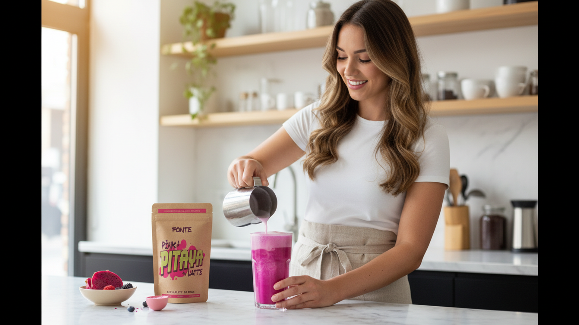 FONTE Pink Pitaya Latte, veganes Superfood Getränkepulver, natürliche Drachenfrucht, 225g, 22 Portionen, für heiße und kalte Getränke, glutenfrei