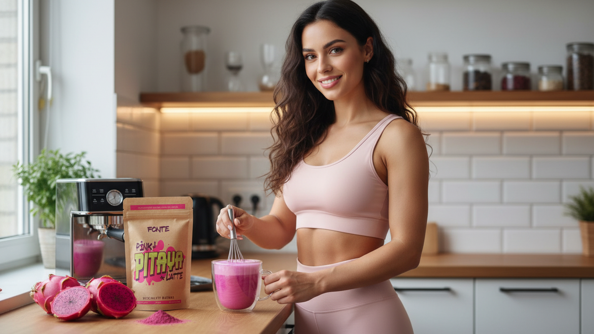 FONTE Pink Pitaya Latte, veganes Superfood Getränkepulver, natürliche Drachenfrucht, 225g, 22 Portionen, für heiße und kalte Getränke, glutenfrei