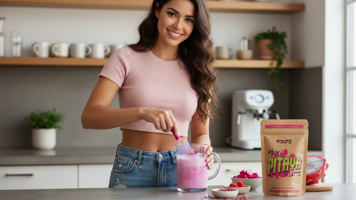 FONTE Pink Pitaya Latte, veganes Superfood Getränkepulver, natürliche Drachenfrucht, 225g, 22 Portionen, für heiße und kalte Getränke, glutenfrei