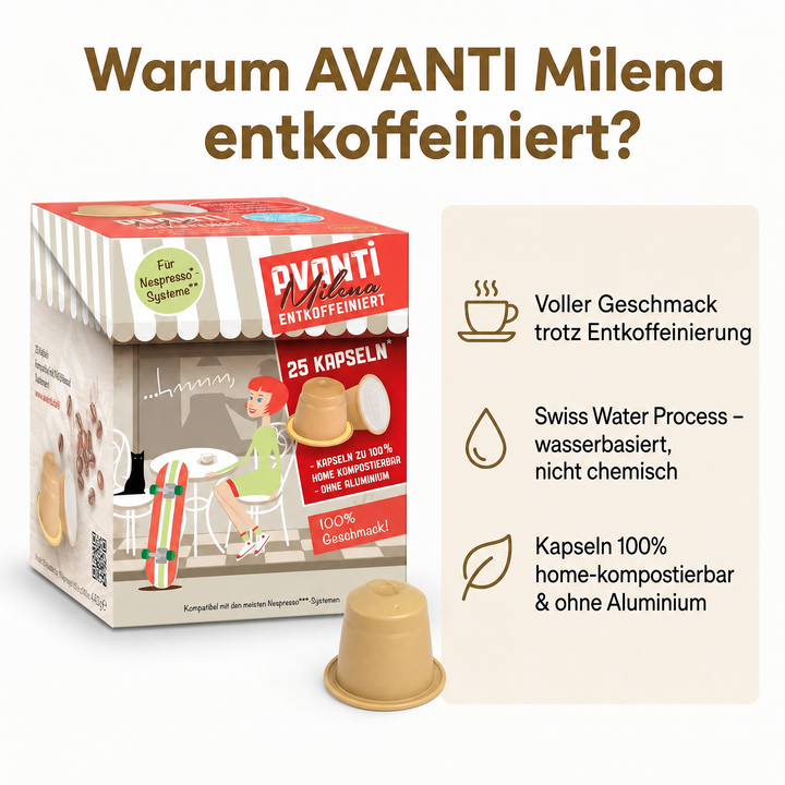 AVANTI Entkoffeinierte Kaffeekapseln Espresso Milena, kompatibel mit Nespresso, Swiss Water Process, 100% Arabica, 100% home-kompostierbar & ohne Aluminium, geröstet in der Schweiz, 25 Kapseln