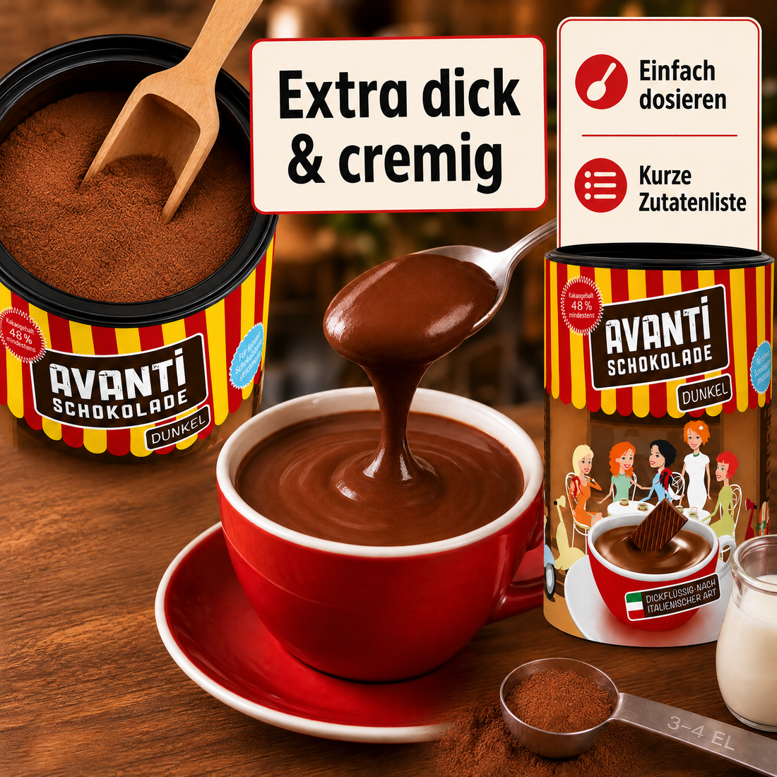 Avanti Trinkschokolade Dunkel, dickflüssig nach ital. Art, 48% Kakao, Cremige heiße Schokolade wie im Café – ohne Emulgatoren, ohne Konservierungsstoffe, 400 g Retro-Dose