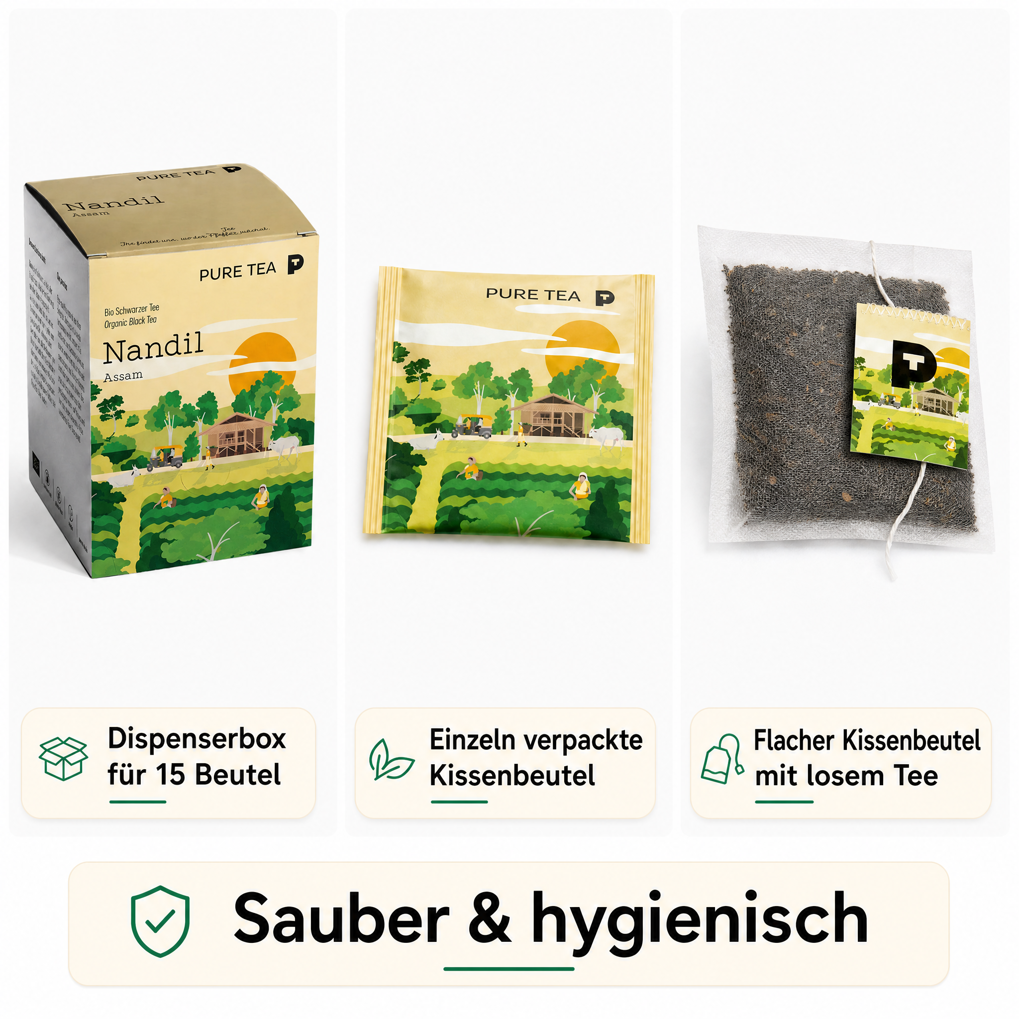 Pure Tea Nandil Bio Schwarzer Tee Assam, 15 Kissenbeutel à 3 g, Kräftiger, malzig-würziger Assam-Schwarztee in einzeln verpackten Kissen-Teebeuteln