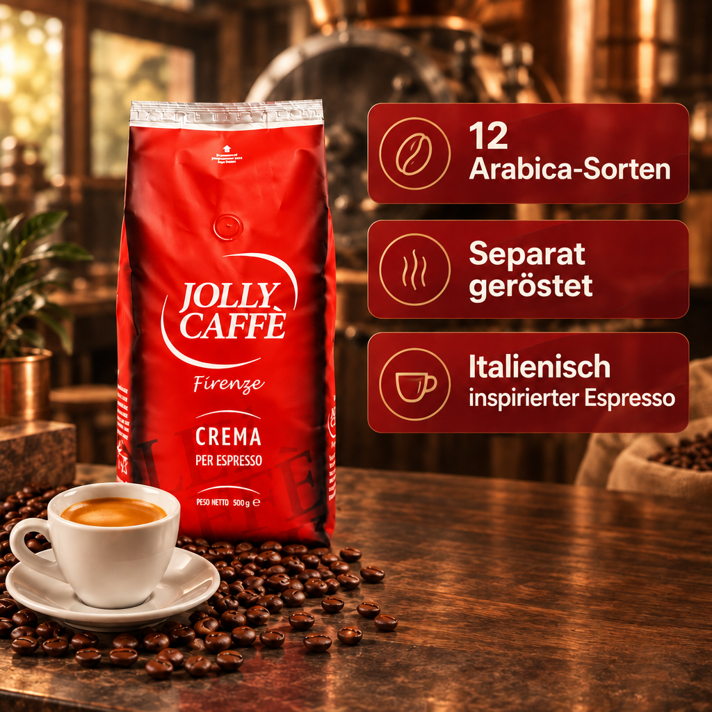 JOLLY Caffé - Crema 1000g - Bohnen Kaffee Firenze Crema Espressobohnen, 1 kg, 12 Arabica-Sorten