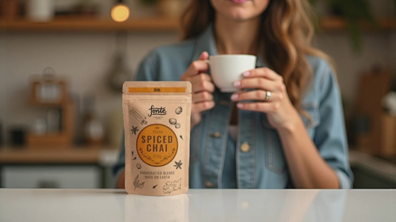 Fonte Handcrafted Vegan Spiced Chai Tee Mischung, 250g Pulver, Traditionelle Gewürzmischung mit Schwarztee, Ingwer und Zimt, 12 Portionen