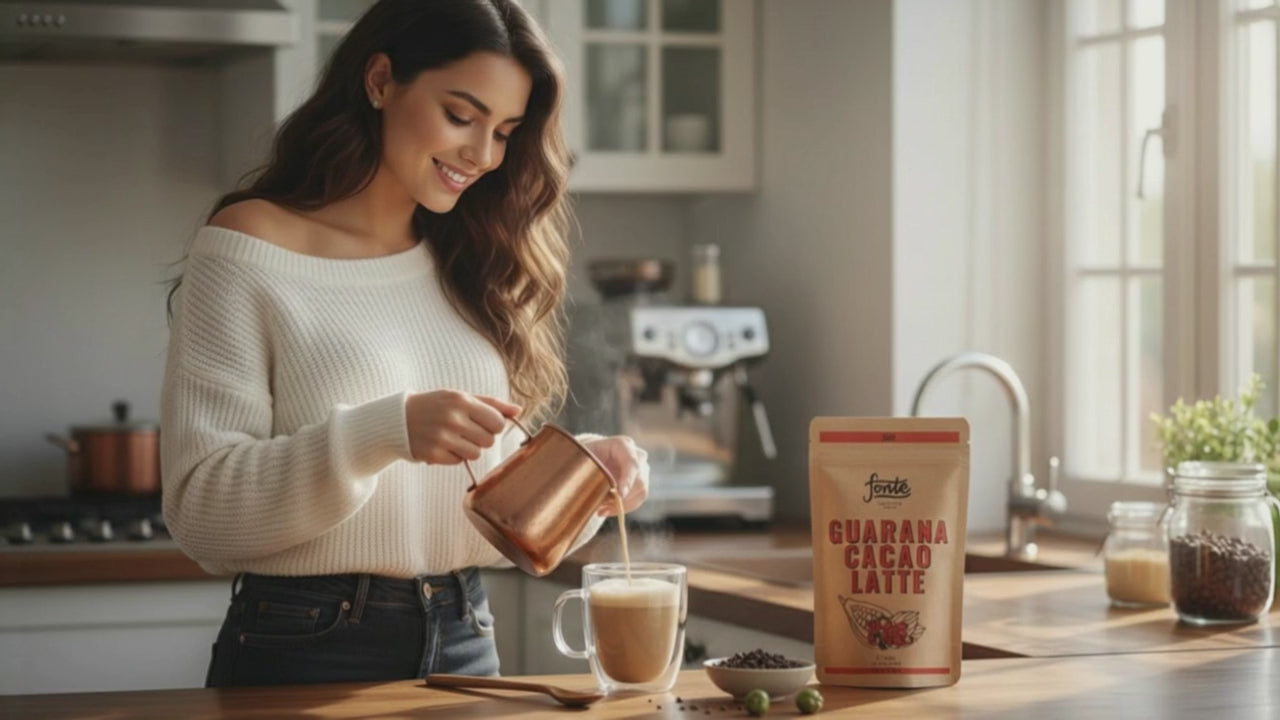 Fonte Guarana Cacao Latte, veganes Getränkepulver für schokoladigen Latte-Genuss, heiß & kalt anrührbar, 300 g = 15 Portionen, Guarana Kakao Latte, Kakao Latte Pulver, 100% vegan