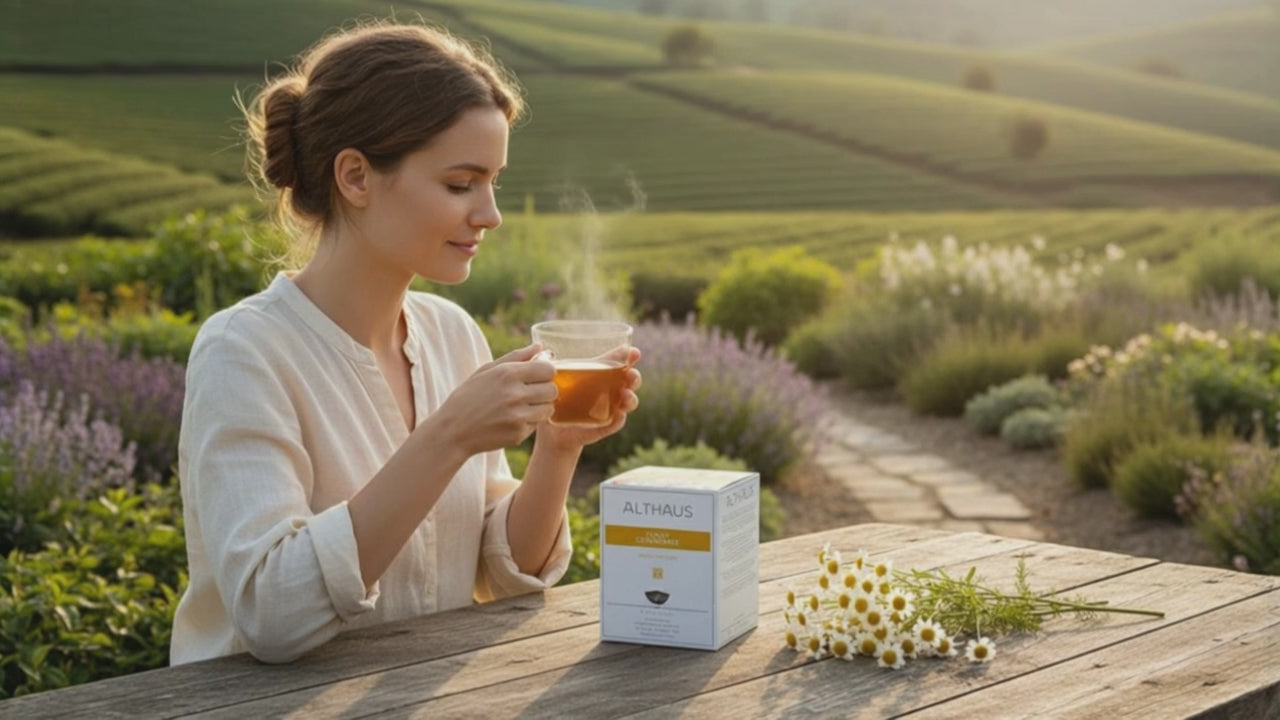 Althaus Fancy Chamomile Kräutertee, 15 Pyramidenbeutel, 33,75g, Kamille mit Verbena und Zimt