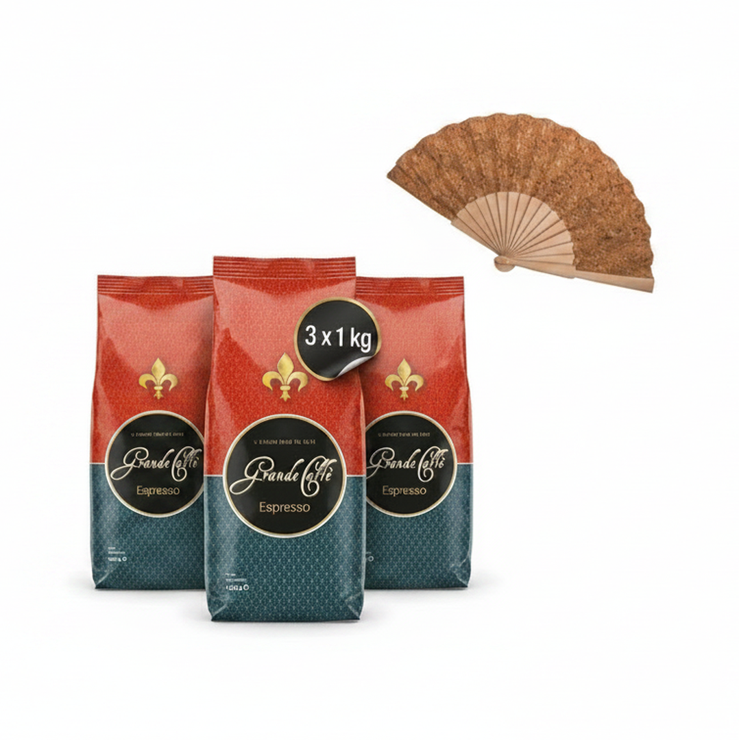 Grande Caffè Kaffeebohnen Espresso, ganze Bohnen 80% Arabica 20% Robusta, würzig-nussiges Aroma, traditionelle Trommelröstung, 3 x 1 kg + Handfächer (Zugabe-Aktion)