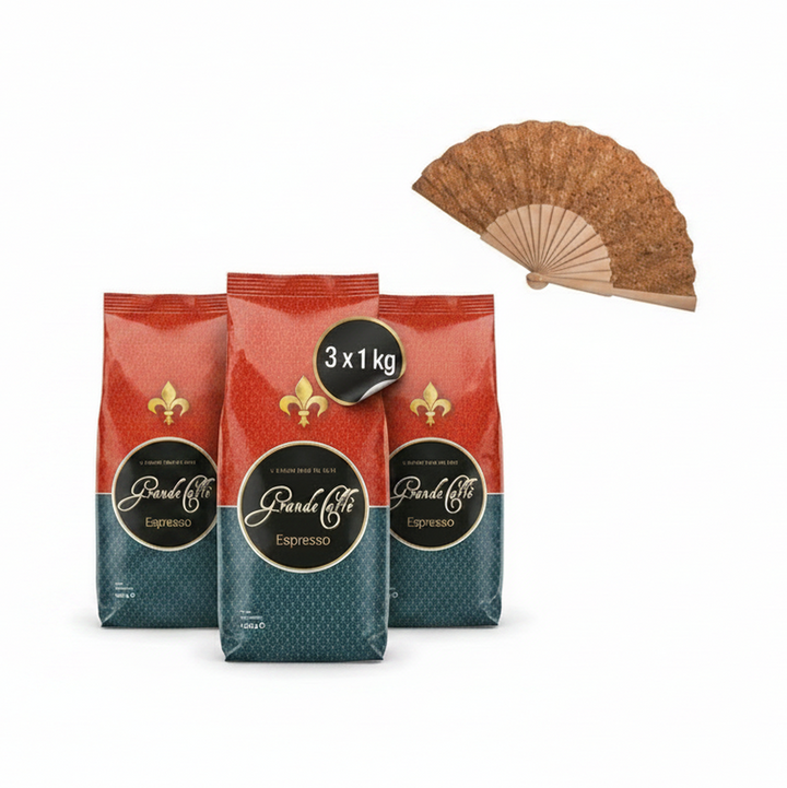 Grande Caffè Kaffeebohnen Espresso, ganze Bohnen 80% Arabica 20% Robusta, würzig-nussiges Aroma, traditionelle Trommelröstung, 3 x 1 kg + Handfächer (Zugabe-Aktion)