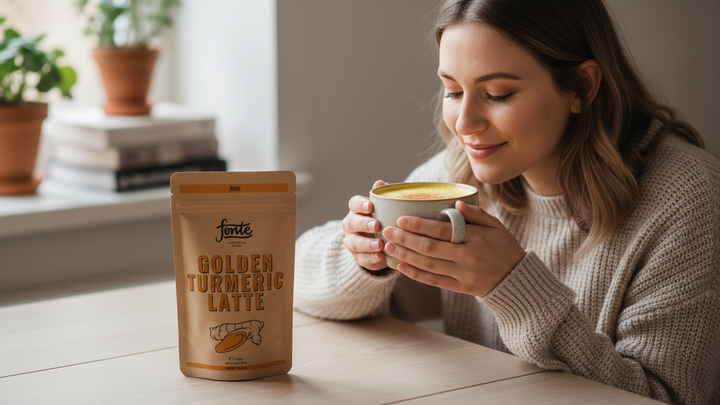 Fonte Golden Turmeric Latte, handgefertigte vegane Kurkuma-Mischung, 250g, 50 Portionen, natürliche Gewürzmischung für warme und kalte Getränke