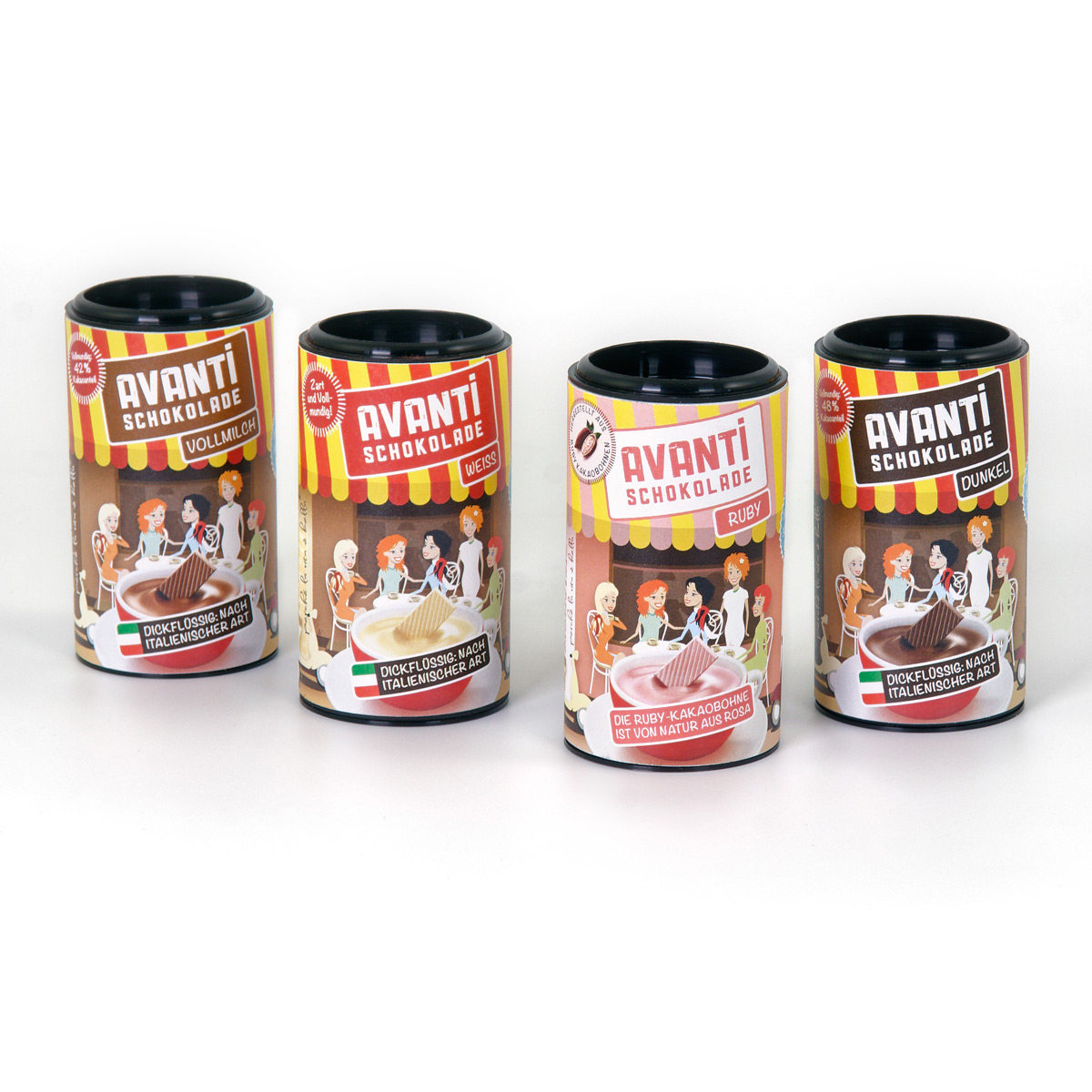 AVANTI Trinkschokolade 4x30g Probierset - Ruby, Weiß, Dunkel, Vollmilch. a 30g.